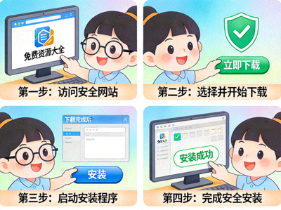 关于免费资源大全网站的插图 - 展示安全下载与安装过程的卡通风格图片