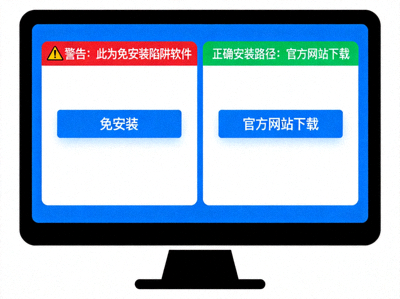 免安装陷阱软件下载站配图 - 展示一个带有警告标识和正确安装路径对比的电脑屏幕示意图