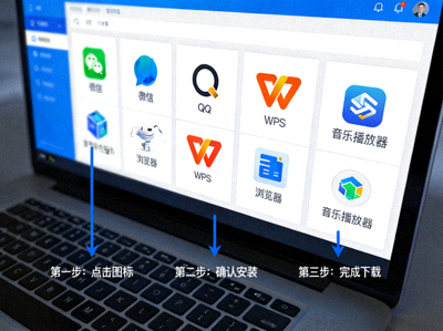 一站式软件下载教学配图 - 展示多个软件图标整齐排列在屏幕上，并有箭头指示安装流程